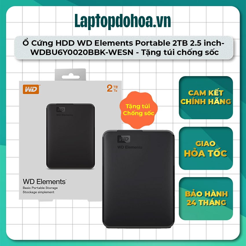 Ổ Cứng HDD WD Elements Portable 2TB/1TB 2.5 inch-WDBU6Y0020BBK-WESN - Tặng túi chống sốc - Bảo hành 
