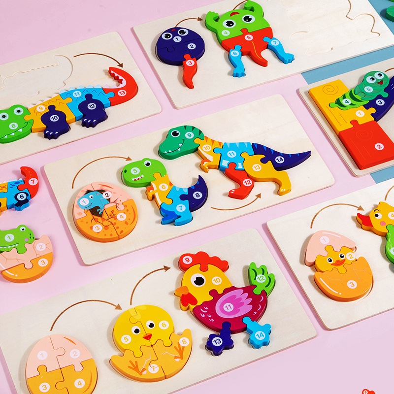 Bộ Ghép Hình Gỗ Vòng Đời Động Vật Cho Trẻ Em, Đồ Chơi Ghép Hình 3D Nối Số Chủ Đề Giáo Dục Sớm Cho Bé