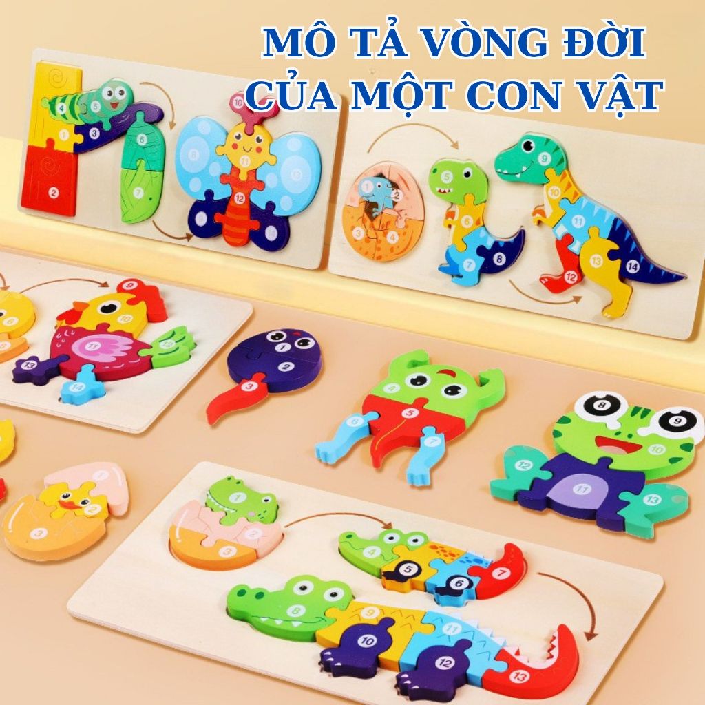 Bộ Ghép Hình Gỗ 3D Chủ Đề Vòng Đời Các Con Vật, Đồ Chơi Giáo Dục Ghép Hình Nối Số Giúp Bé Học Hỏi Ph