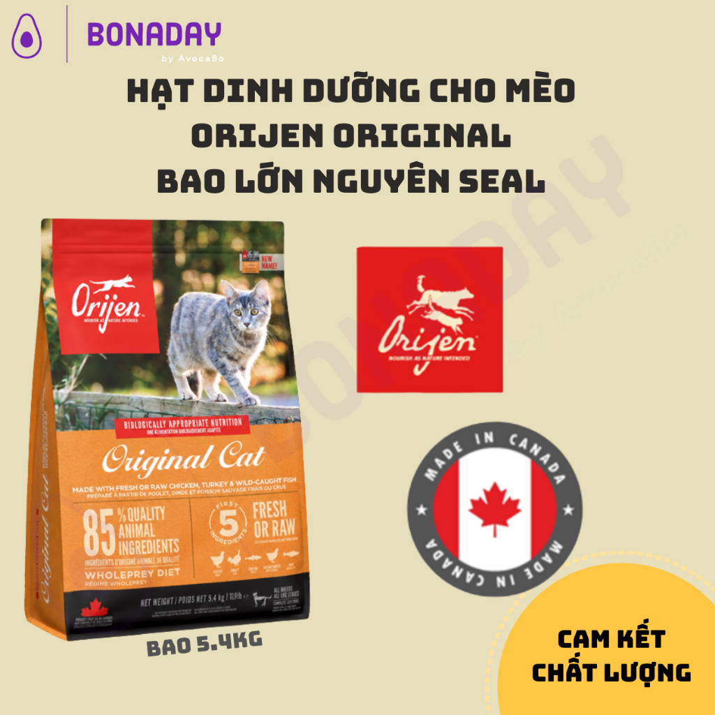 HẠT DINH DƯỠNG CHO MÈO ORIJEN ORIGINAL, BONADAY PETS, từ thịt và cá tươi, không ngũ cốc, cho mọi độ 