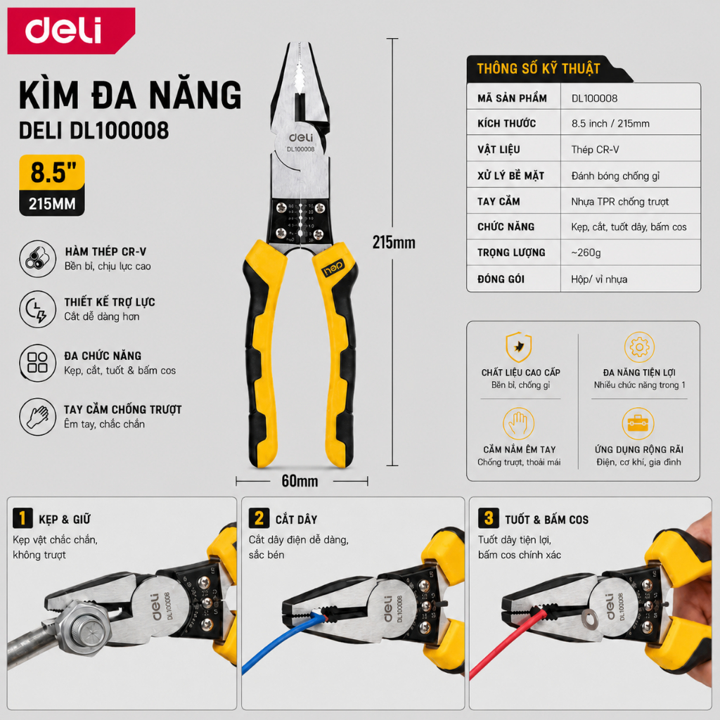 𝐃𝐞𝐥𝐢 - Kìm Điện Đa Năng Deli EDL100008  230mm Uốn Kẹp Cắt Tuốt
