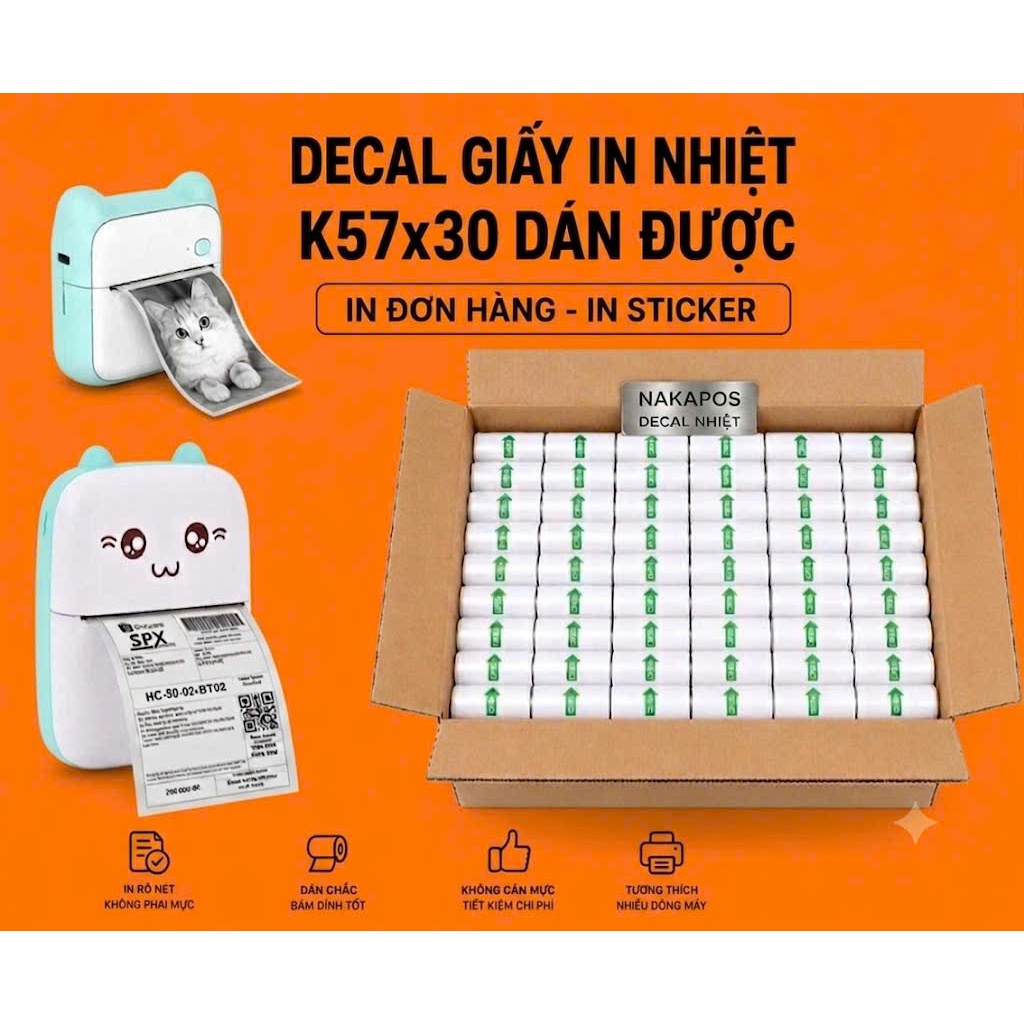 [THÙNG 100 CUỘN] Giấy in nhiệt dán được K57x30mm K57*30 dành cho dòng máy in Mini Printer con mèo K5