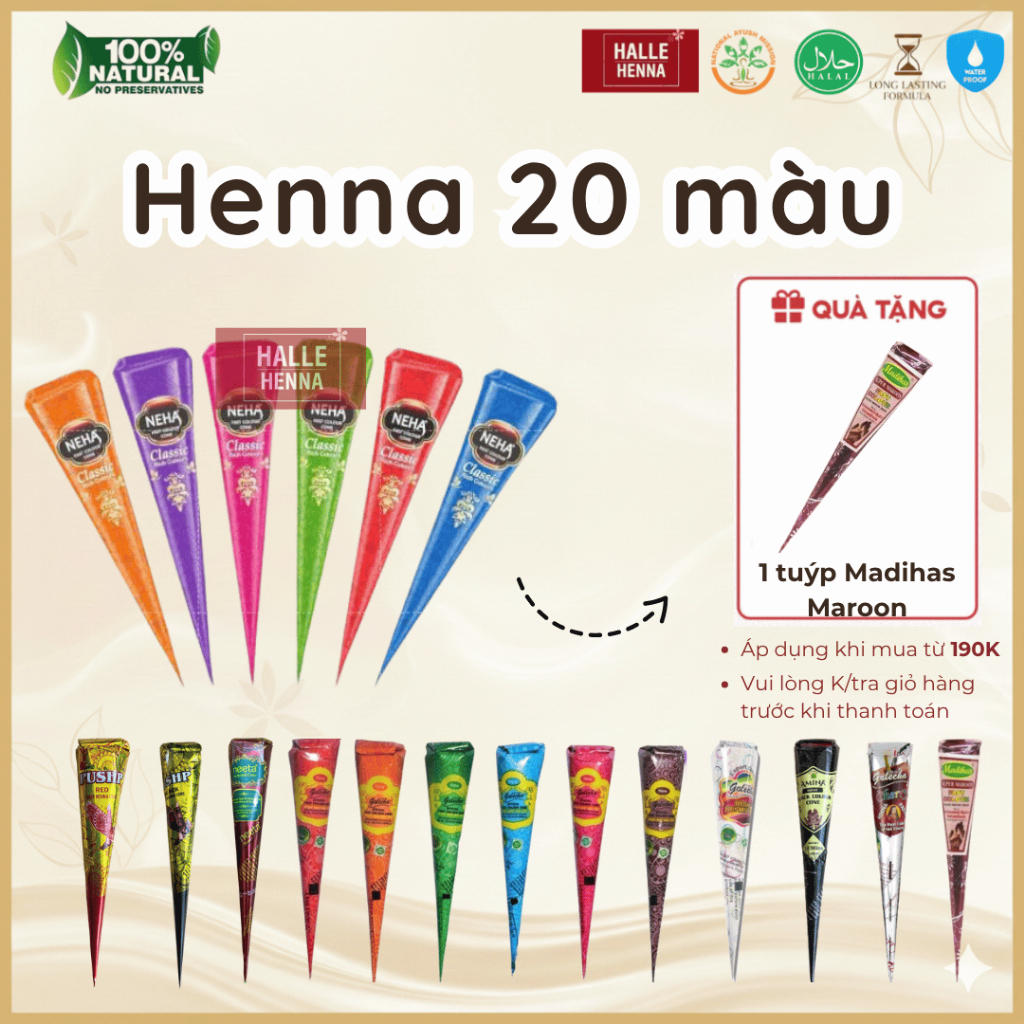 Mực Vẽ Henna Jagua 20 màu Ấn Độ Bền Màu Thành Phần Từ Thiên Nhiên An Toàn