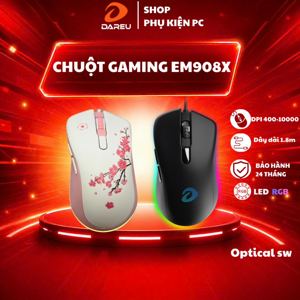 Chuột Gaming Dareu EM908X SAKURA PINK OPTICAL sw (RGB, BRAVO sensor) Chính Hãng