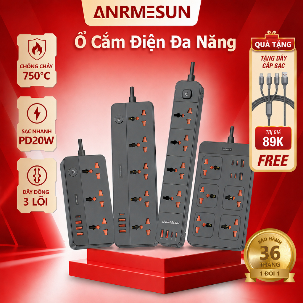 Ổ Cắm Điện Đa Năng ANRMESUN Thông Minh Chống Cháy Chống Sét 2500W USB Type-C…