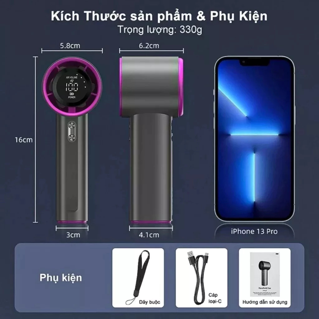 Quạt cầm tay tốc độ cao S001 100 cấp gió điều chỉnh sạc USB màn hình số | BigBuy360 - bigbuy360.vn