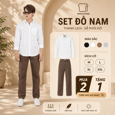 Combo Áo Sơ Mi Quần Jean Nam Bami Home, Áo Sơ Mi Nam Tay Dài Vải Mềm, Quần Baggy Jean Ống Suông ASM01QJ07