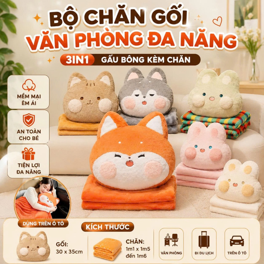 Bộ Chăn Gối Văn Phòng Đa Năng 3IN1 , Gấu Bông Kèm Chăn Dùng Trên Ô Tô, Văn Phòng Đi Du Lịch vietkhue