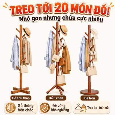 Cây treo quần áo gỗ CONOCO nhiều móc đế vững cho phòng ngủ màu nâu decor phòng ngủ