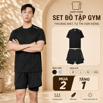 Set quần áo thể thao nam BAMI HOME, bộ quần gym kết hợp áo thun cổ tròn, vải mè thoáng khí BTT06