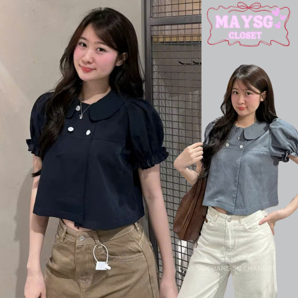 Áo Sơ Mi Cổ Sen Tay Bồng Chun Cúc Ngọc Dáng Croptop A867 Su Chang Thời Trang Nữ