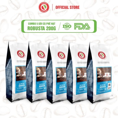 COMBO 5 GÓI Cà phê hạt Robusta gói 200g (ST) - Rang mộc - Đắng đậm - Pha máy/pha phin - Copen Coffee