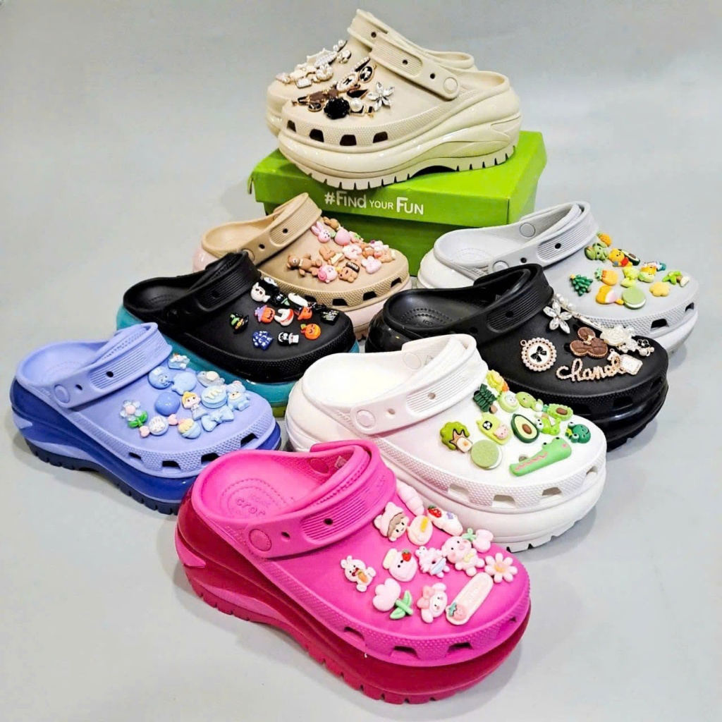 Dép crush mega nam nữ cao cấp không thừa keo tặng 10 sticker charms, dép sục mega crush viền bóng đế