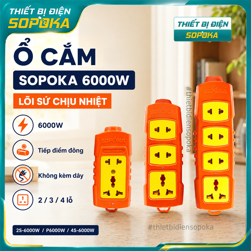 Ổ cắm điện chưa có dây (TỰ ĐẤU DÂY)  SOPOKA 6000W lõi sứ chịu nhiệt 2S-6000W P6000W 4S-6000W