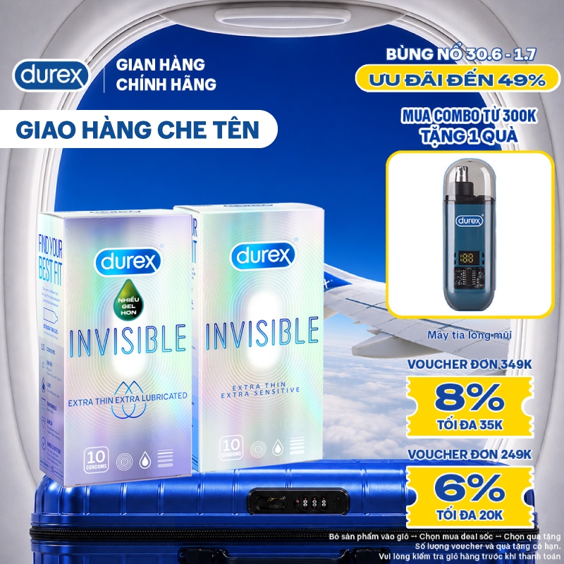 COMBO DUREX INVISIBLE LUBRICATED và DUREX INVISIBLE EXTRA THIN EXTRA SENSITIVE (10 BAO/HỘP; 52MM)