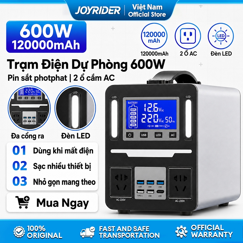 Trạm Điện Dự Phòng 600W 120000mAh Pin Sắt Photphat, Máy Phát Điện Mini Gia Đình Phòng Trọ, 2 Ổ AC, Đ
