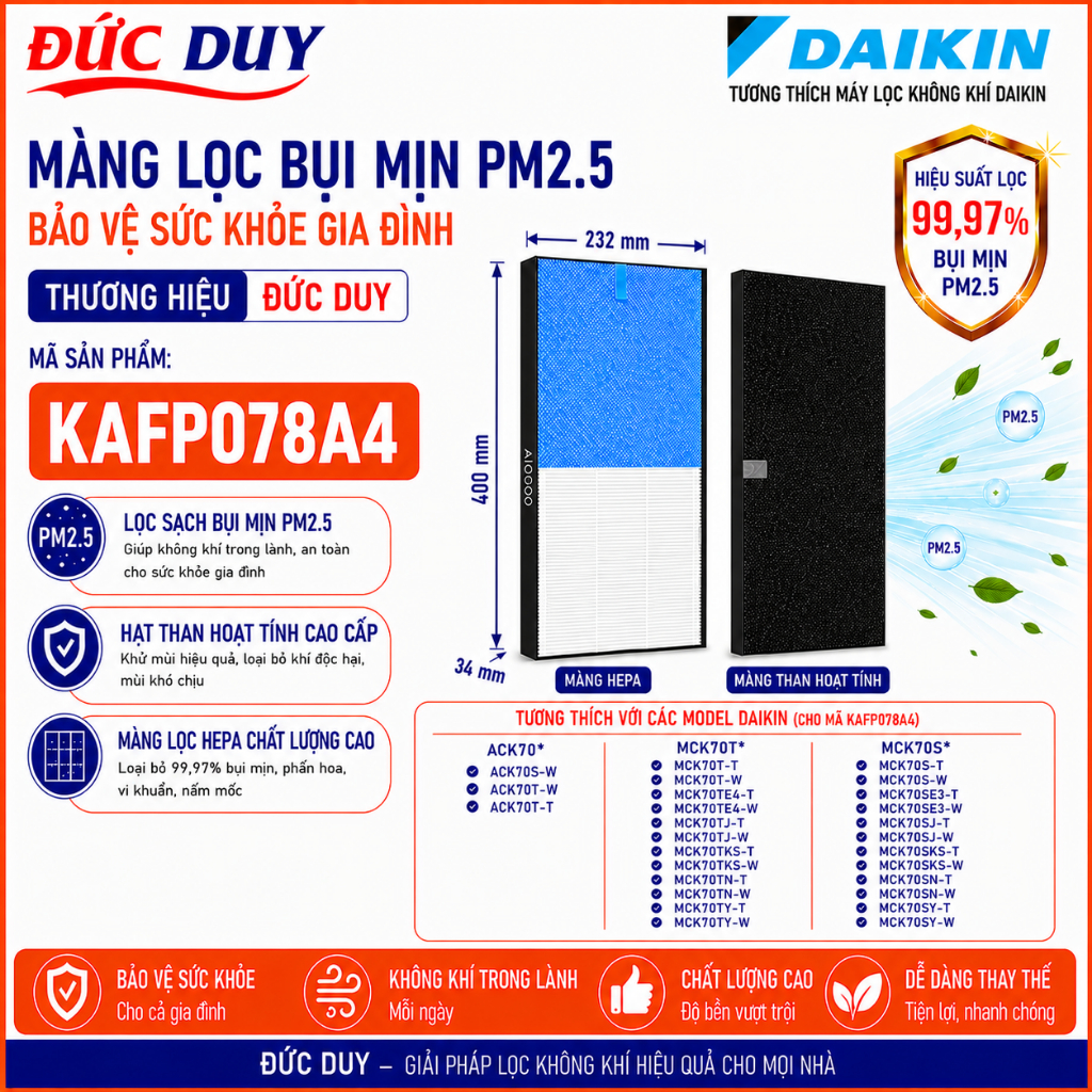 COMBO Màng Lọc DAIKIN  KAFP078A4 ACK70 MCK70T MCK70TE4 MCK70TJ MCK70TKS MCK70TN MCK70TY ACK70S MCK70