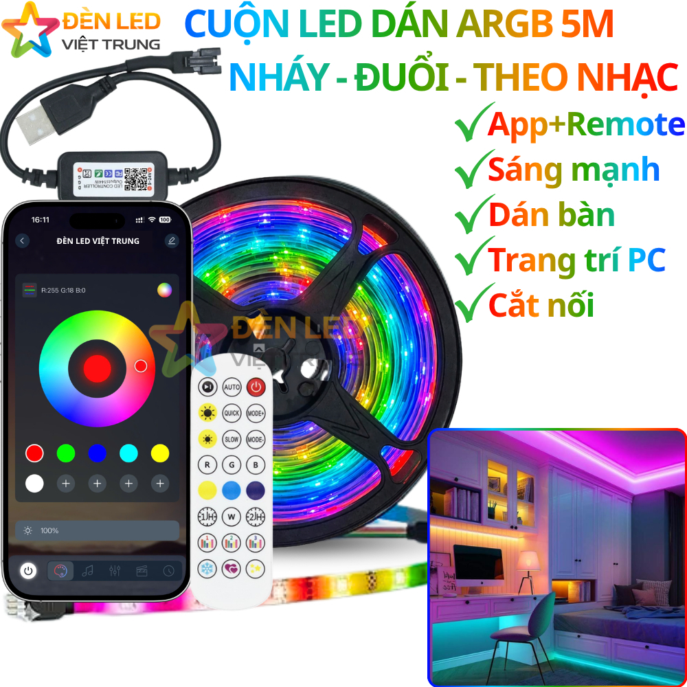 LED Dán aRGB 5-20m Có Nguồn USB 5V/Remote/App/Music Nháy Đuổi Trang Trí Phòng - Trang Trí PC