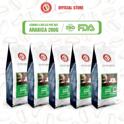 COMBO 5 GÓI Cà phê hạt Arabica gói 200g (ST) - Rang mộc - Đắng nhẹ - Pha máy/pha phin - Copen Coffee