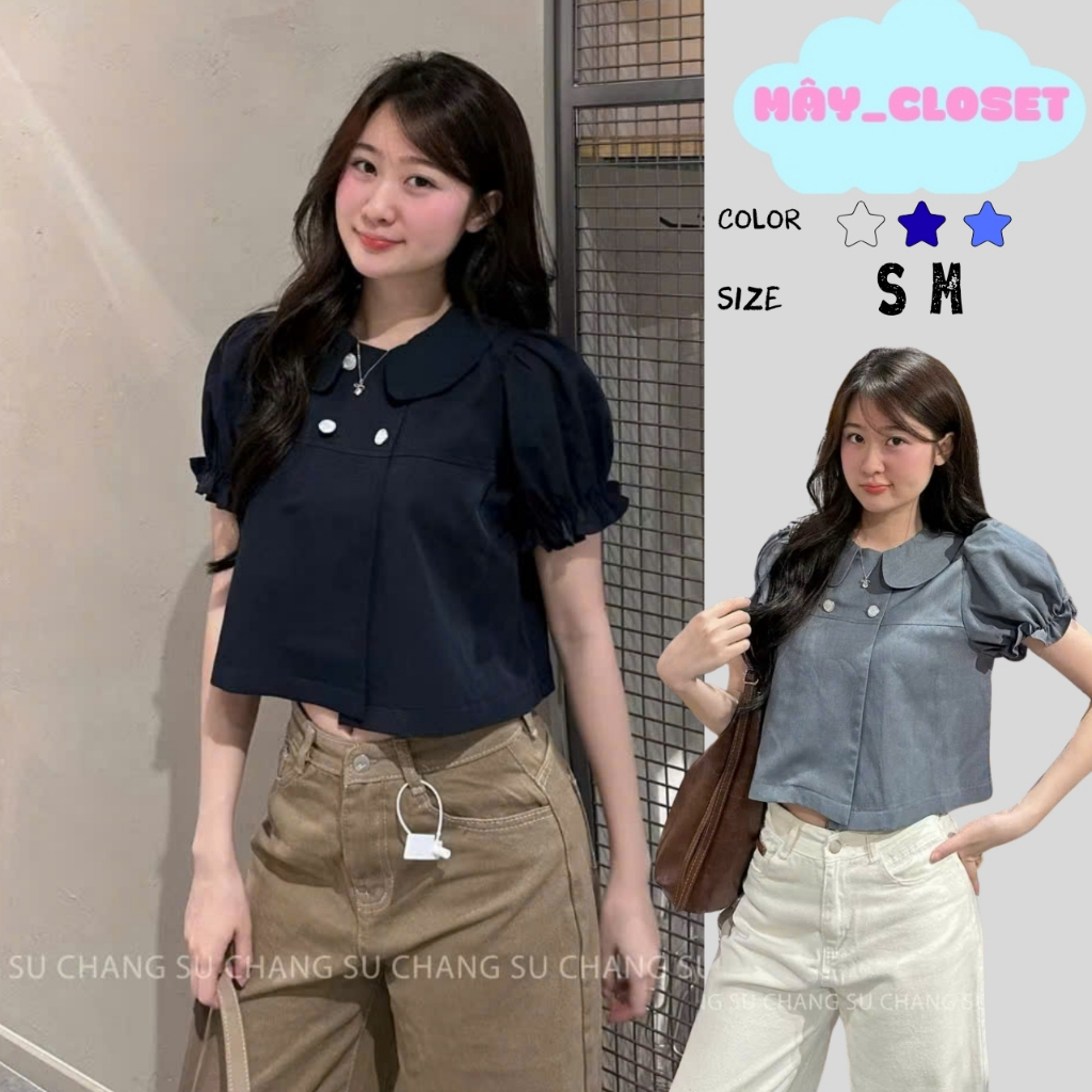 Áo Sơ Mi Cổ Sen Tay Bồng Chun Cúc Ngọc Dáng Croptop A867 Su Chang Thời Trang Nữ