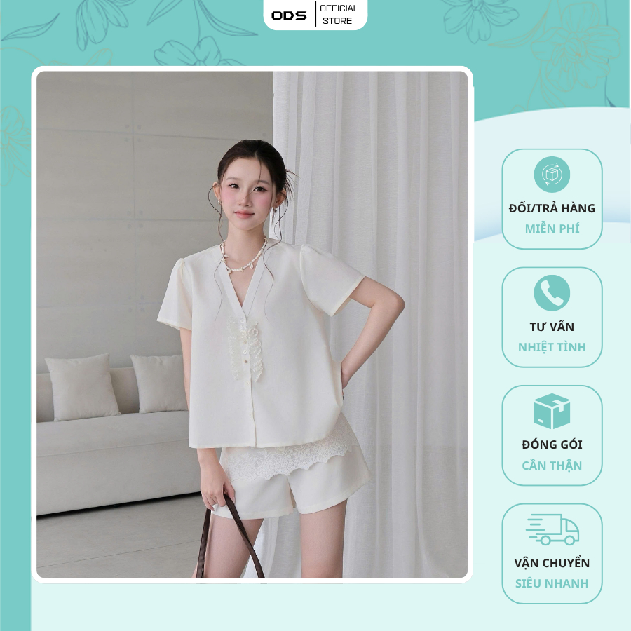 Set Áo Kem ODS thiết kế cổ V, tay ngắn, form suông + Quần Short Kem túi hàm ếch, dây kéo sau - JM10