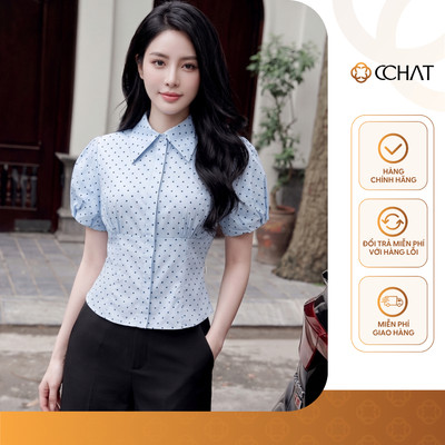 Áo Sơ Mi Nữ 𝐂𝐂𝐇𝐀𝐓 Dáng Suông Kiểu Marcus Họa Tiết Chấm Bi Chất Liệu Cao Cấp 16FNT2135OT