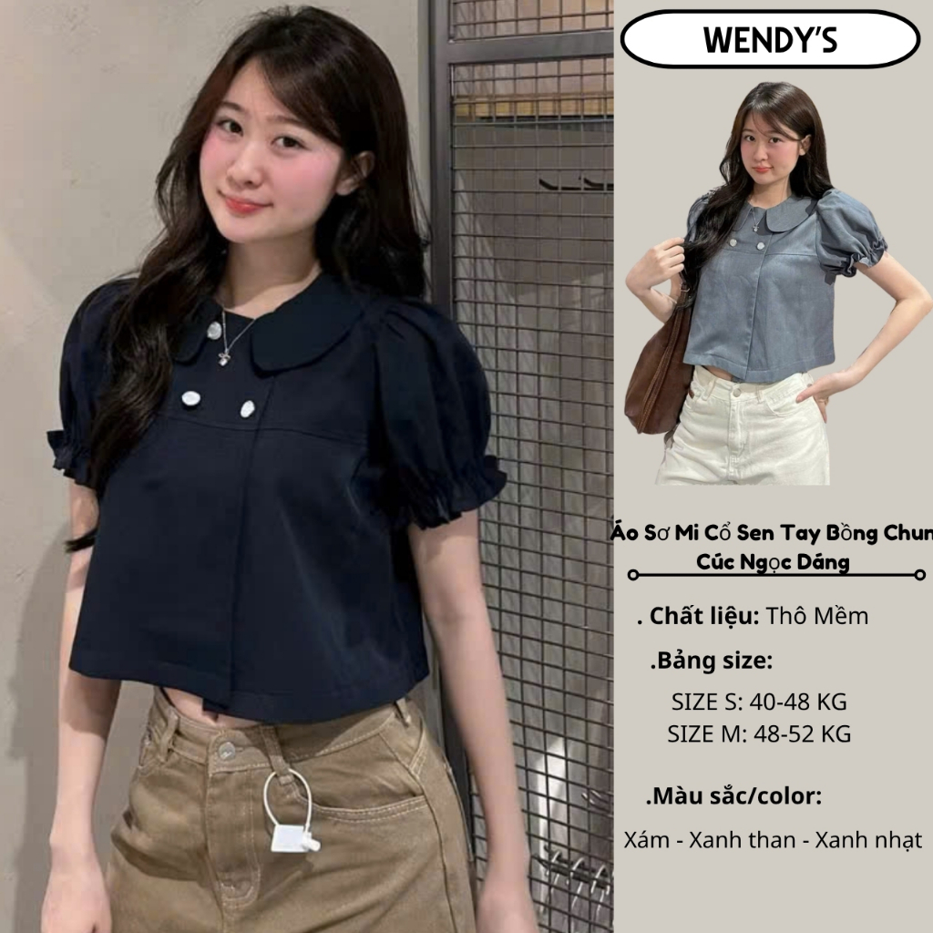 Áo Sơ Mi Cổ Sen Tay Bồng Chun Cúc Ngọc Dáng Croptop A867 Su Chang Thời Trang Nữ