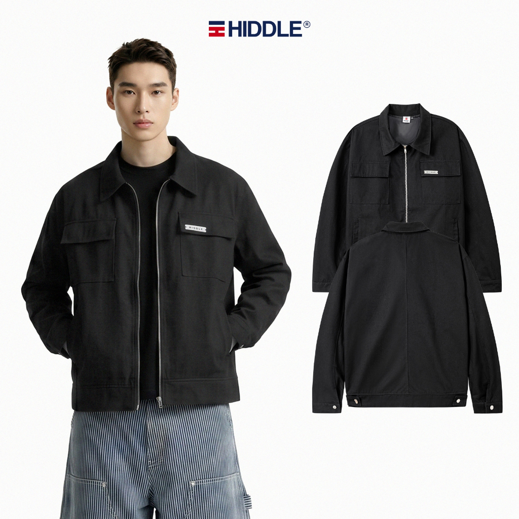 Áo khoác kaki nam cao cấp cổ  bẻ Hiddle màu đen khóa kéo có đủ size | H8-AK1