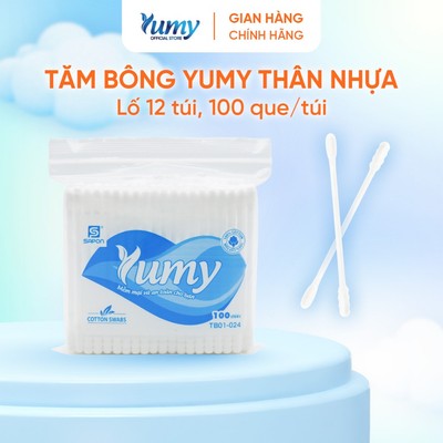[Lố 12 túi] Tăm bông YUMY túi zip 100 que thân nhựa 2 đầu tròn - xoắn, bông mềm không xơ (TB01-024)