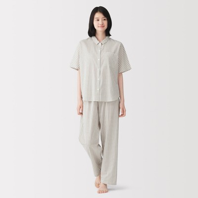 [26AW] MUJI Bộ Đồ Ngủ Tay Ngắn Cotton Dobby Check - Nữ