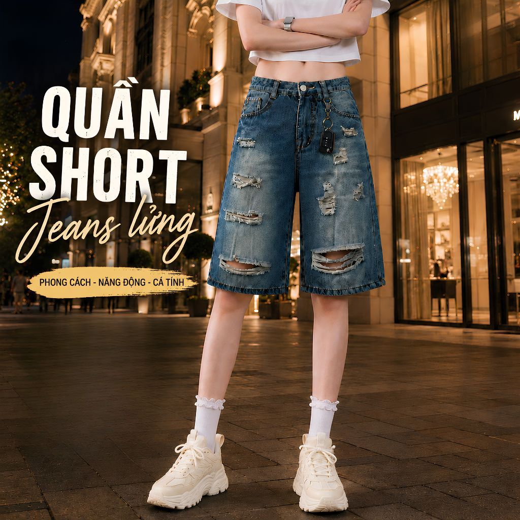 Quần jeans lửng ống rộng unisex ZGO quần short jean lửng wash rách form unisex nam nữ QZG08
