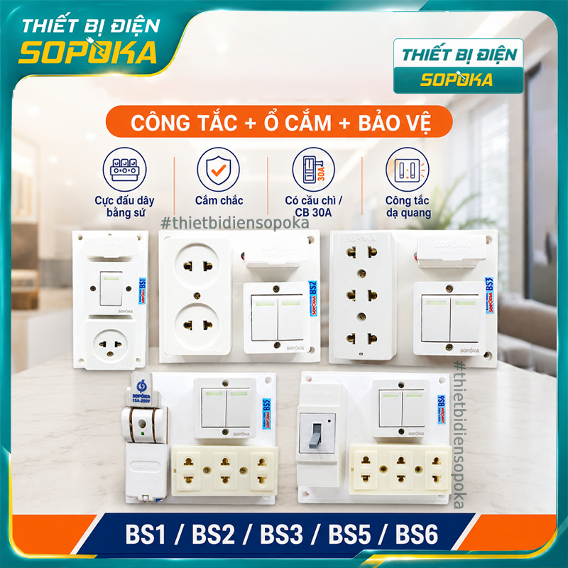 SOPOKA [BS1, BS2, BS3, BS5, BS6] Bảng Điện Tích Hợp Cầu Chì/CB Cóc - Chống Cháy, Tự Ngắt Quá Tải