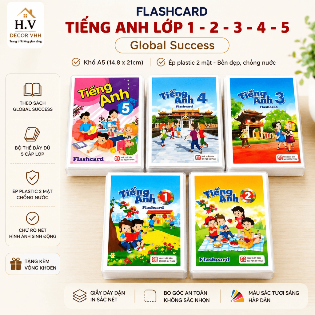 Thẻ ảnh flashcard tiếng anh lớp 1,2,3 4 5 global success khổ a5 ép plastic 2 mặt