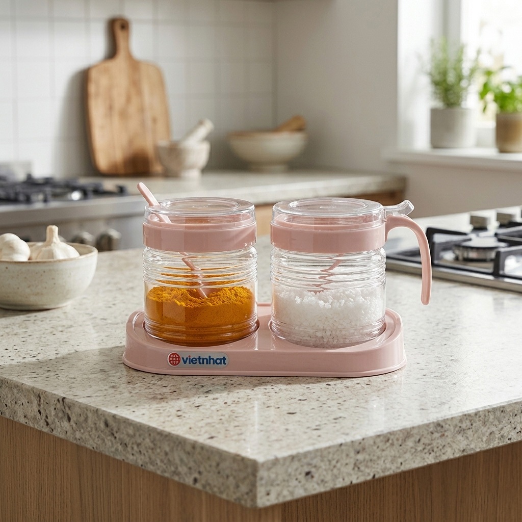 Bộ 2 lọ đựng gia vị nhựa trong suốt việt nhật có tay cầm và khay lót ĐỨC HUỲNH DN104