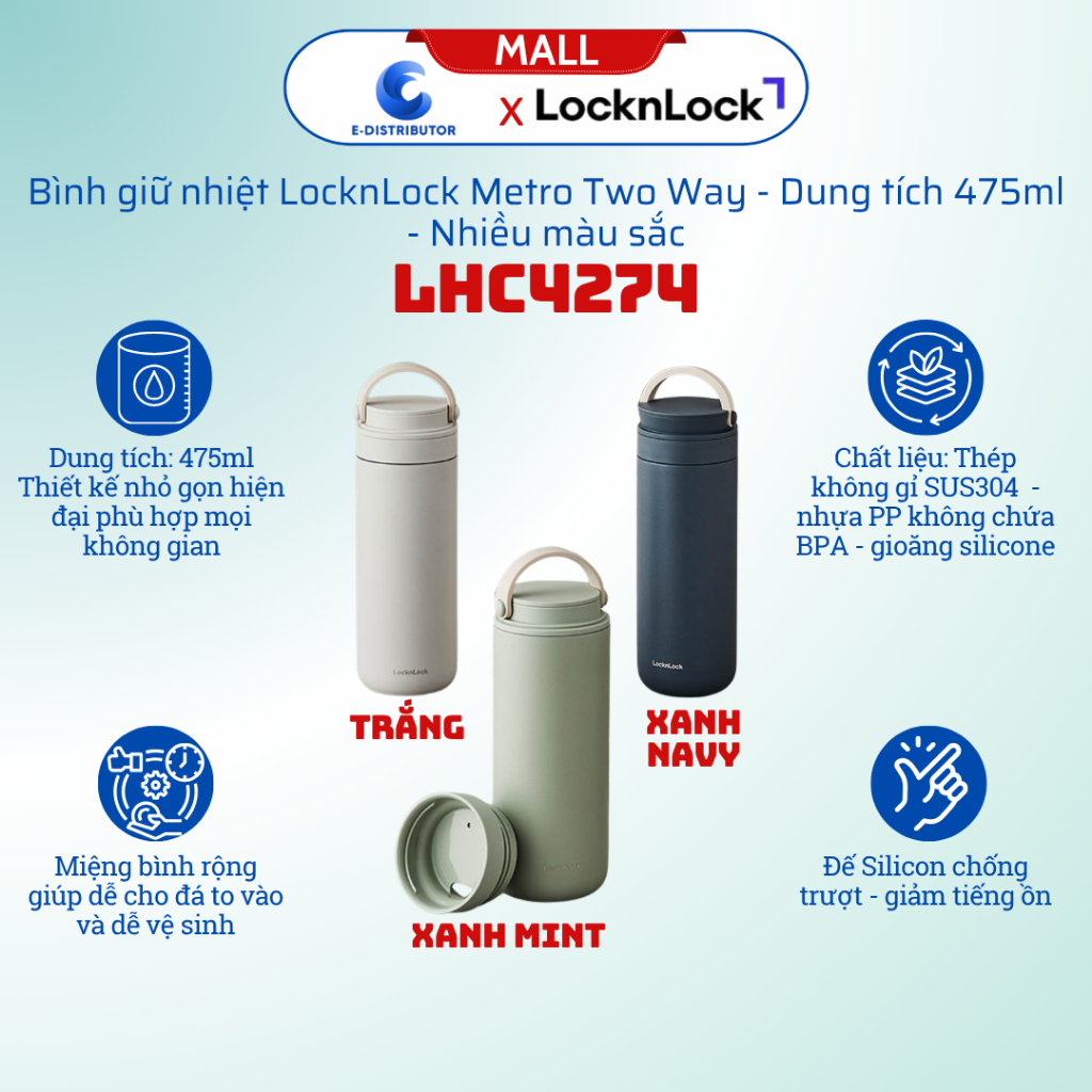 Bình giữ nhiệt LocknLock Metro Two Way LHC4274 - Dung tích 475ml, Nhiều màu sắc - Hàng chính hãng