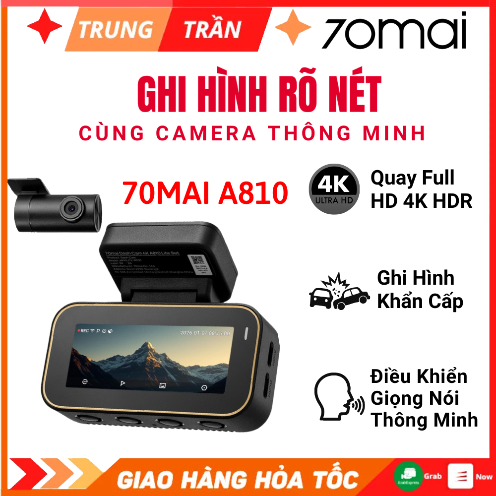 Camera Hành Trình 70mai A810 Lite 4K HDR Ghi Hình 2 Mắt Trước Sau Siêu Nét, Giám Sát Đỗ Xe 24h