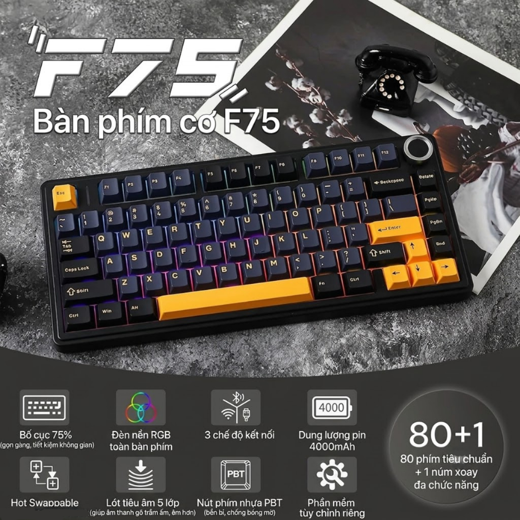 [BẢO HÀNH 24 THÁNG] Bàn phím cơ không dây AULA F75 Neo Night/Black - Kết nối 3 chế độ, Hotswap, Có Led RGB | BigBuy360 - bigbuy360.vn