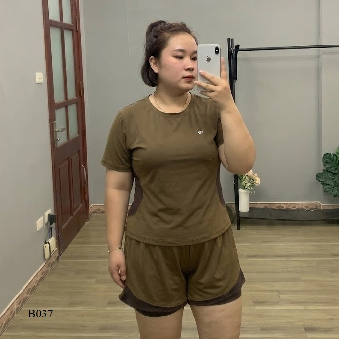 Đồ Tập Gym Bigsize Nữ Size L–5XL | Bộ Áo cộc tay phom Ôm Nhẹ +Quần Đùi 2 Lớp Co Giãn,Che Khuyết Điểm