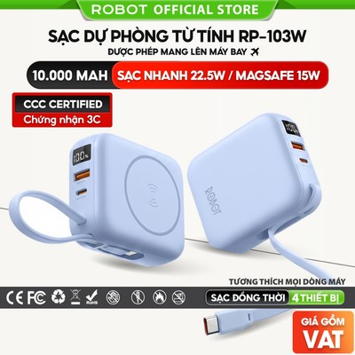 [Chứng nhận 3C ] Sạc dự phòng không dây RP-103W 10000mAh siêu nhỏ gọn chính hãng Robot