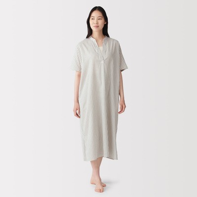 [26AW] MUJI Đầm Tay Ngắn Cotton Dobby Check - Nữ