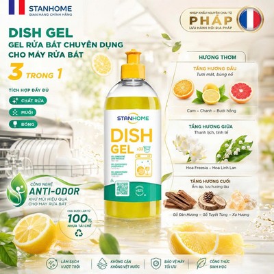 Gel rửa bát đậm đặc chuyên dụng cho máy rửa bát All in One Stanhome DISH GEL 500ml - nhập khẩu Pháp