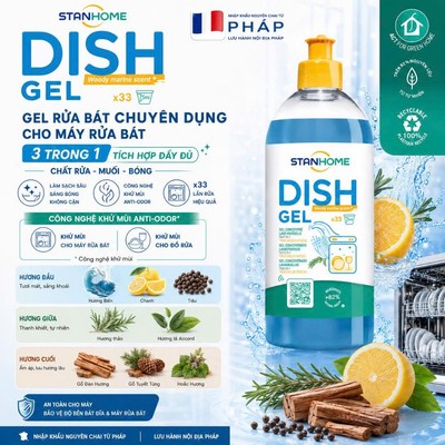 Gel rửa bát chuyên dụng cho máy nguyên liệu tự nhiên hương gỗ và hương biển tươi mát All in One Stanhome DISH GEL 500ml