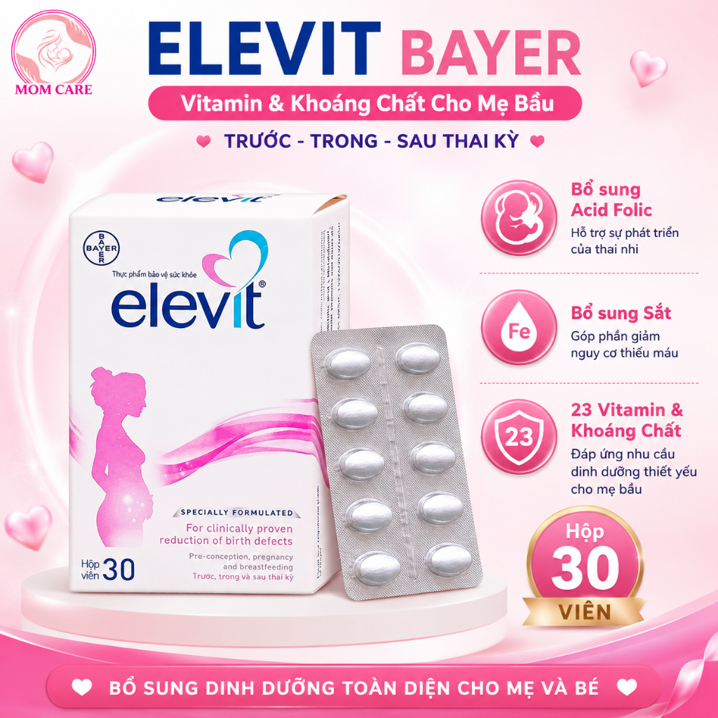 Elevit Bayer Mẹ Bầu bổ sung Acid Folic, Sắt, Canxi, 11 Vitamin tổng hợp và khoáng chất 30 Viên AGO