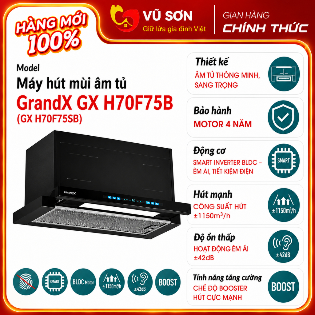Máy hút mùi GrandX GX H70F75B(GX H70F75SB) Âm Tủ