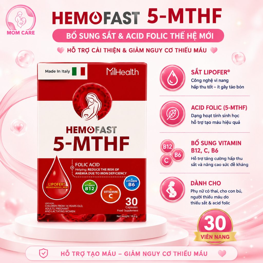 HEMOFAST 5-MTHF ( Italy) bổ sung Sắt, Axit folic & Vitamin tổng hợp cải thiện thiếu máu