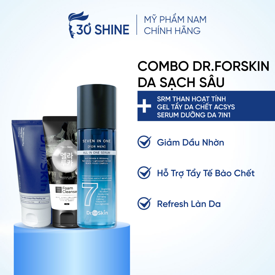 Combo Dr.FORSKIN chăm da toàn diện SRM Than Hoạt Tính + Serum 7In1 + Tẩy da chết giảm nhờn trắng da