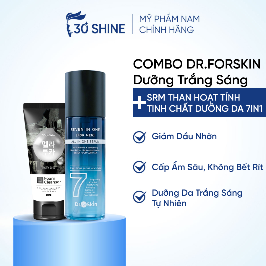 Combo Sữa rửa mặt than hoạt tính Dr.FORSKIN và Serum dưỡng trắng da 7in1 - Da trắng sáng sạch dầu