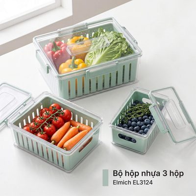 Bộ 3 hộp bảo quản thực phẩm kèm khay tách nước Elmich EL3124