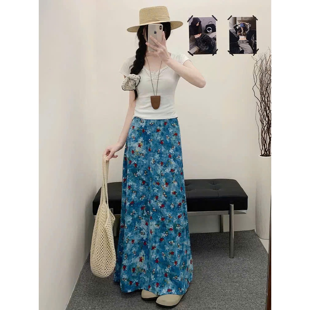 Blue Floral Fishtail Dress – Váy hoa nhí xanh dáng ôm xòe Hàn/ Nola.store