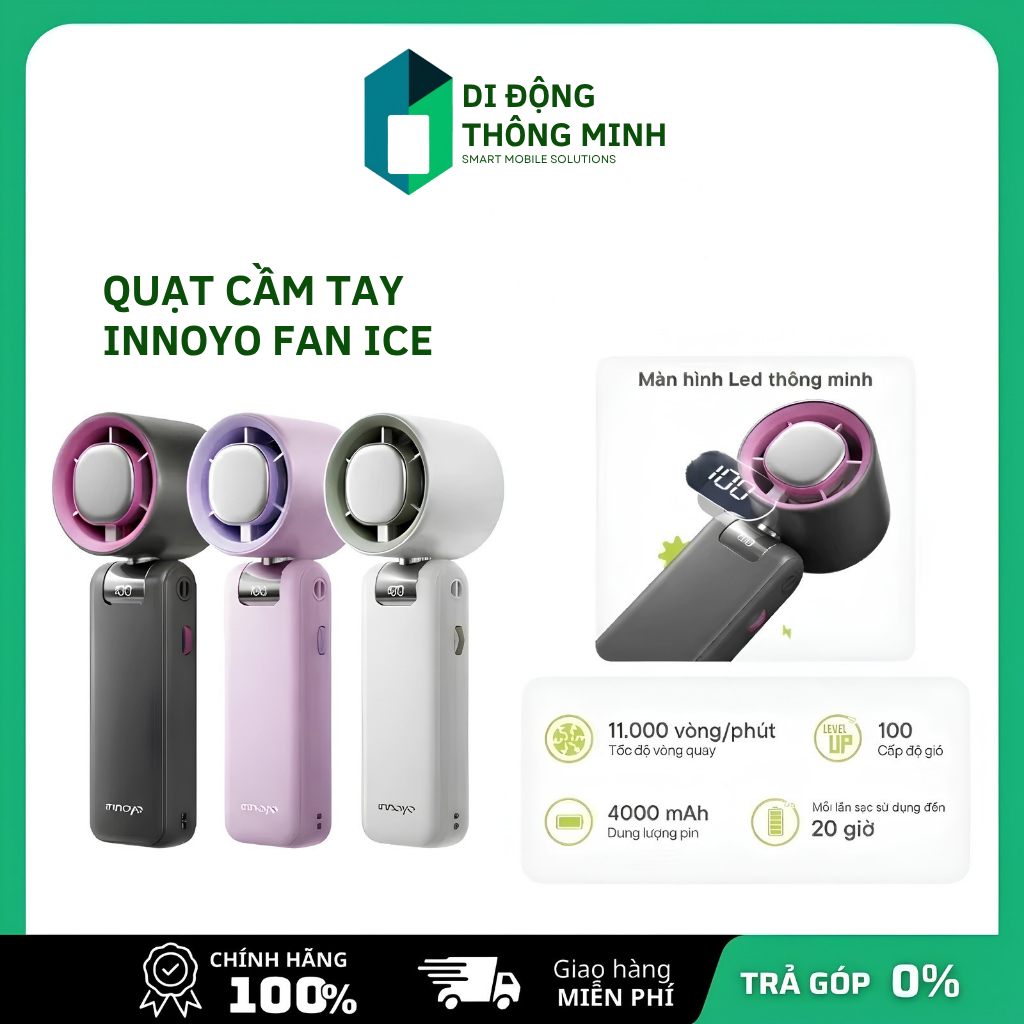 Quạt cầm tay Innoyo fan ice - Gập linh hoạt 180 độ, tích hợp sò lạnh - 20H sử dụng - BH 6 tháng